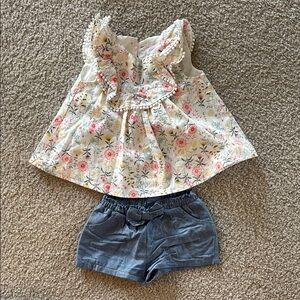 Floral Ruffle Blouse and Denim Shorts Set